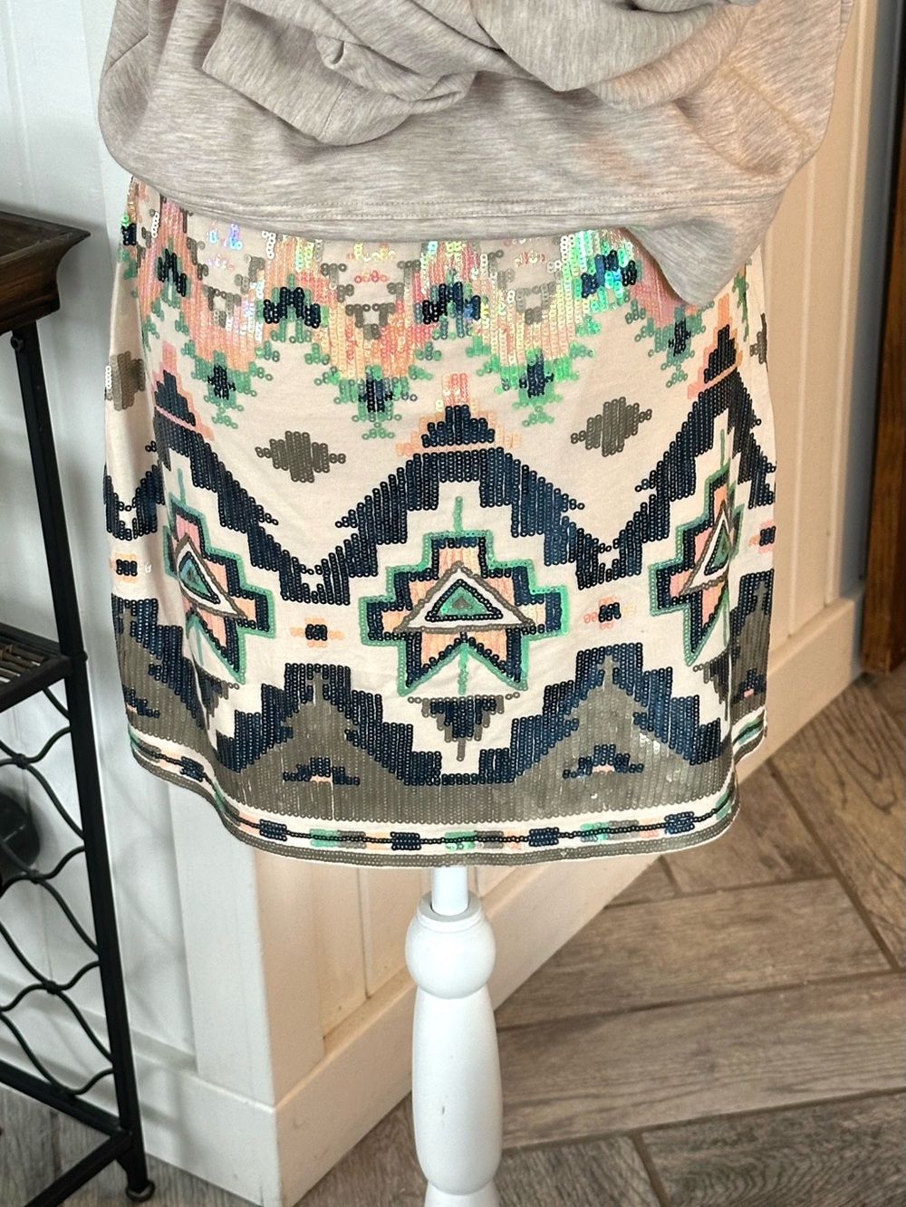 Express Sequin Skirt Aztec Geometric Mini Cream Multi Color Size Med